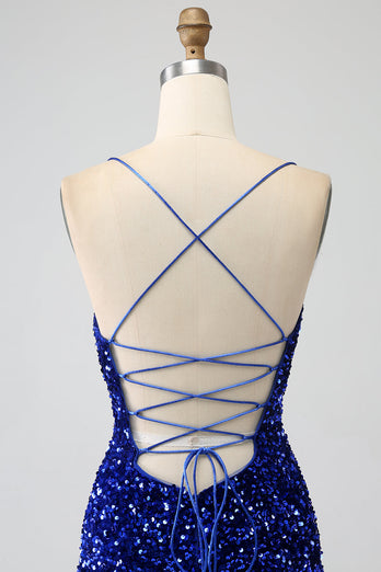 Glitzerndes königsblaues Meerjungfrauen-Spaghettiträger-Paillettenkleid mit Pailletten und Schlitz