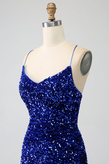 Glitzerndes königsblaues Meerjungfrauen-Spaghettiträger-Paillettenkleid mit Pailletten und Schlitz