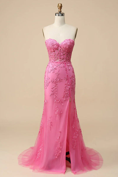 Rosa Korsett Herzchen Lange Spitze Meerjungfrau Ballkleid mit Schlitz