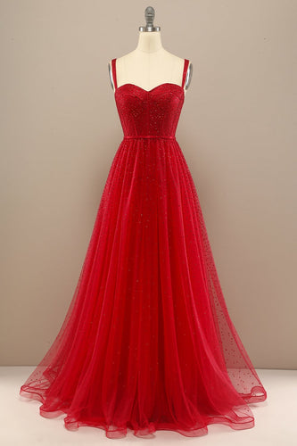 Rotes Spaghettiträger Ballkleid mit Perlen