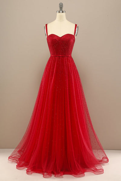 Rotes Spaghettiträger Ballkleid mit Perlen