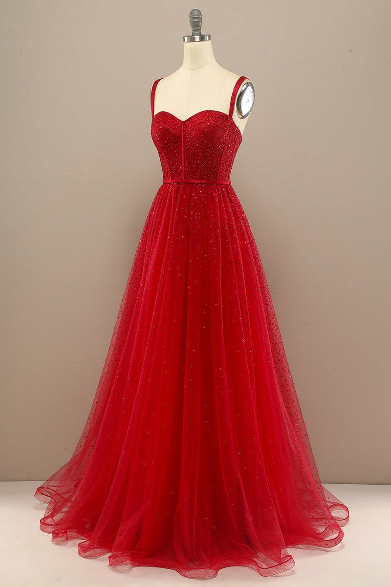 Laden Sie das Bild in den Galerie-Viewer, Rotes Spaghettiträger Ballkleid mit Perlen