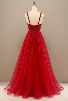 Rotes Spaghettiträger Ballkleid mit Perlen