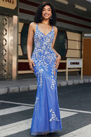 Laden Sie das Bild in den Galerie-Viewer, Hellblaues Trendiges Meerjungfrau V-Ausschnitt Langes Ballkleid mit Applikationen