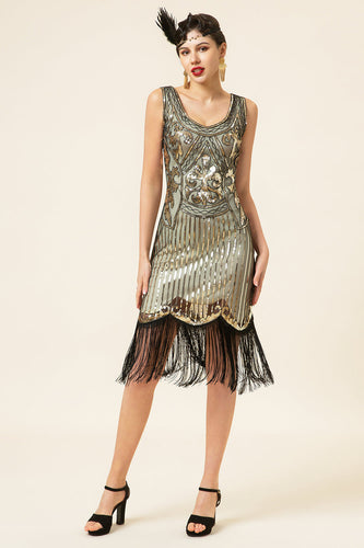 Goldfarbenes Fransen-Pailletten-Flapper-Kleid aus den 1920er Jahren