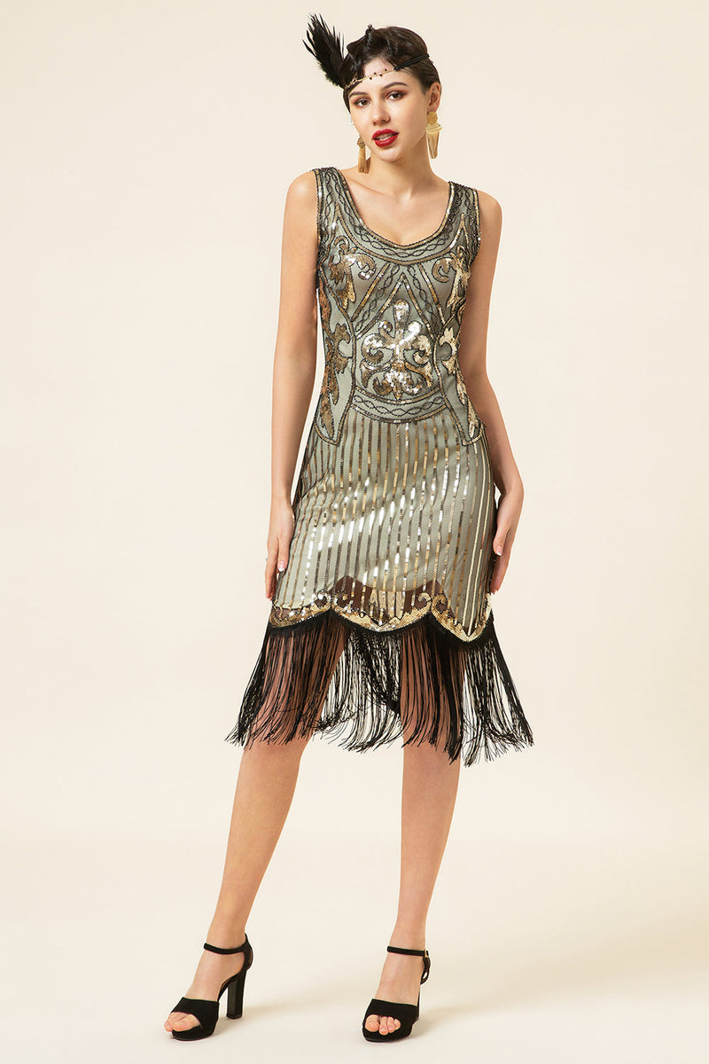 Laden Sie das Bild in den Galerie-Viewer, Goldfarbenes Fransen-Pailletten-Flapper-Kleid aus den 1920er Jahren