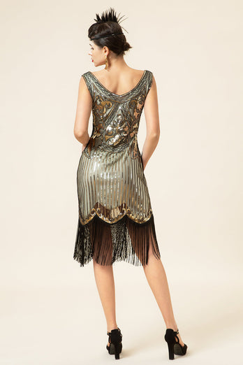 Goldfarbenes Fransen-Pailletten-Flapper-Kleid aus den 1920er Jahren
