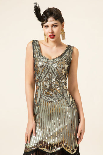 Goldfarbenes Fransen-Pailletten-Flapper-Kleid aus den 1920er Jahren