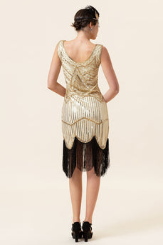 Champagnerfarbenes und schwarzes Pailletten-Bodycon-Kleid aus den 1920er Jahren