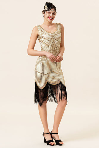 Champagnerfarbenes und schwarzes Pailletten-Bodycon-Kleid aus den 1920er Jahren