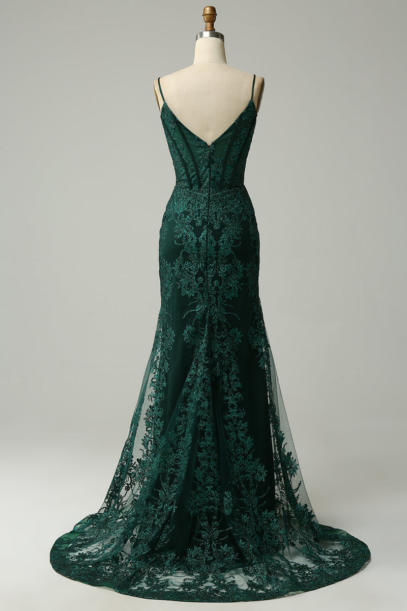 Laden Sie das Bild in den Galerie-Viewer, Pfau Grünes Meerjungfrau Spaghettiträger langes Korsett Ballkleid mit Applikationen