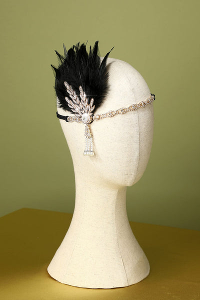 Schwarzer Perlenperlen-Flapper-Stirnband aus den 1920er Jahren