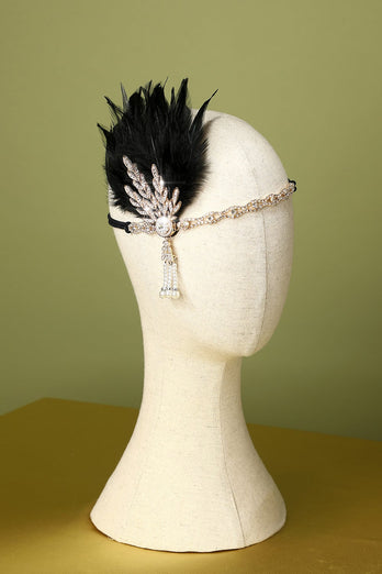 Schwarzer Perlenperlen-Flapper-Stirnband aus den 1920er Jahren