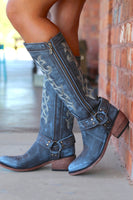 Laden Sie das Bild in den Galerie-Viewer, Blau bestickte Cowgirl Boho Mid Calf Stiefel