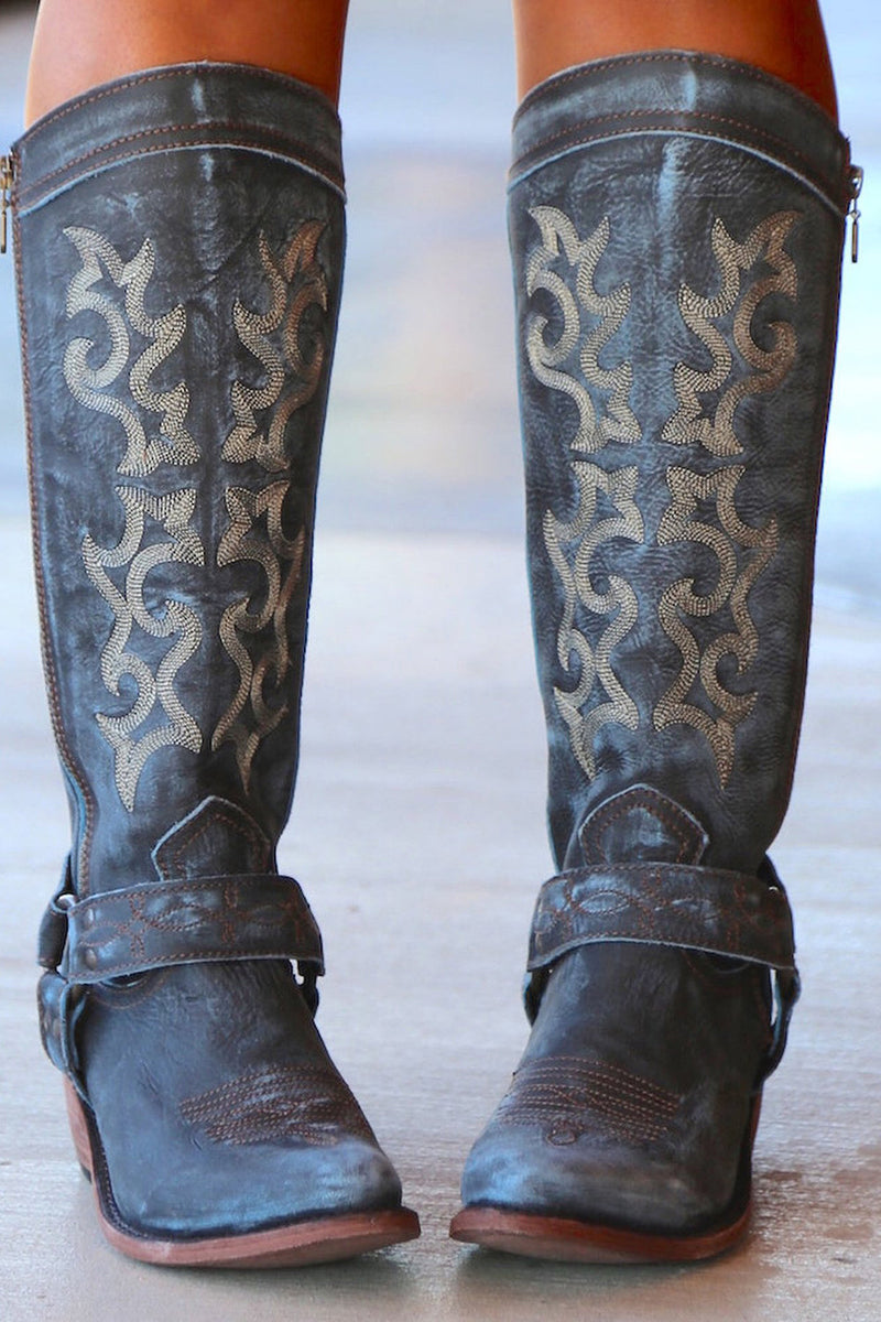Laden Sie das Bild in den Galerie-Viewer, Blau bestickte Cowgirl Boho Mid Calf Stiefel