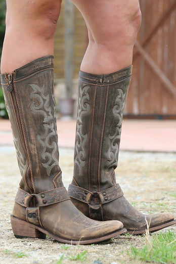 Blau bestickte Cowgirl Boho Mid Calf Stiefel