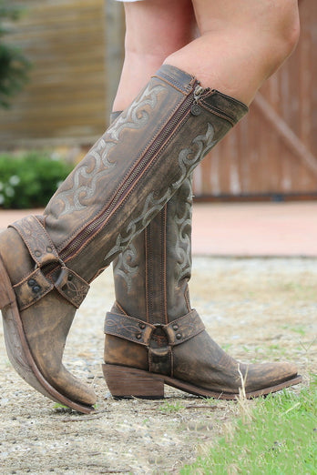 Blau bestickte Cowgirl Boho Mid Calf Stiefel