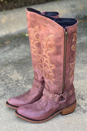 Blau bestickte Cowgirl Boho Mid Calf Stiefel