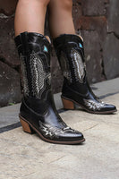 Laden Sie das Bild in den Galerie-Viewer, Schwarze Westernstiefel mit mittlerer Wadenhöhe und klobigen Absätzen