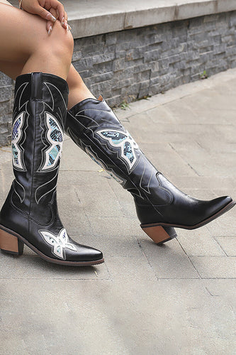 Schwarze genähte Cowboystiefel mit kleinem Absatz