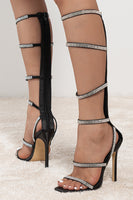 Laden Sie das Bild in den Galerie-Viewer, Schwarze Strass-Dekor Stiletto-Riemchensandalen mit Absatz