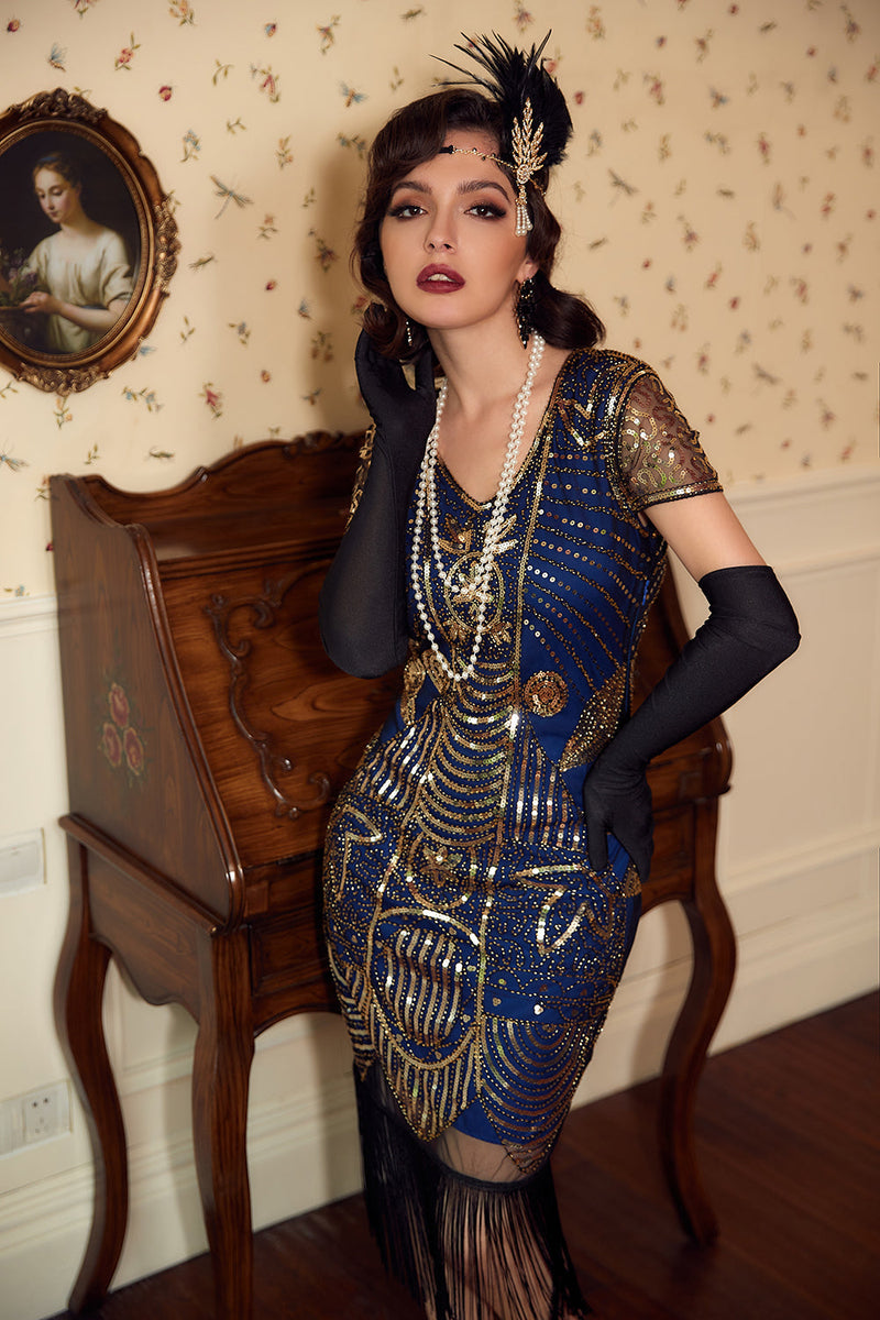 Laden Sie das Bild in den Galerie-Viewer, V-Ausschnitt Blaue Pailletten 1920 Kleid mit Quaste