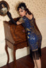Laden Sie das Bild in den Galerie-Viewer, V-Ausschnitt Blaue Pailletten 1920 Kleid mit Quaste