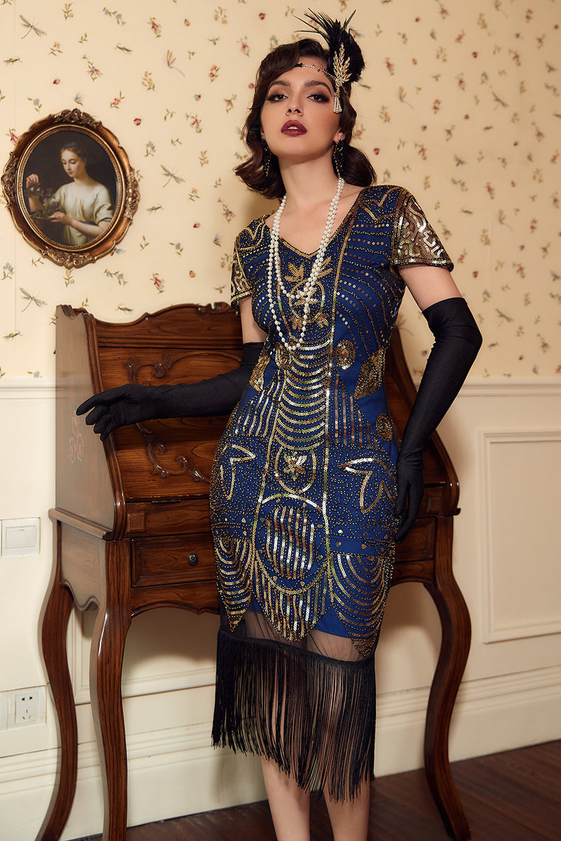 Laden Sie das Bild in den Galerie-Viewer, V-Ausschnitt Blaue Pailletten 1920 Kleid mit Quaste