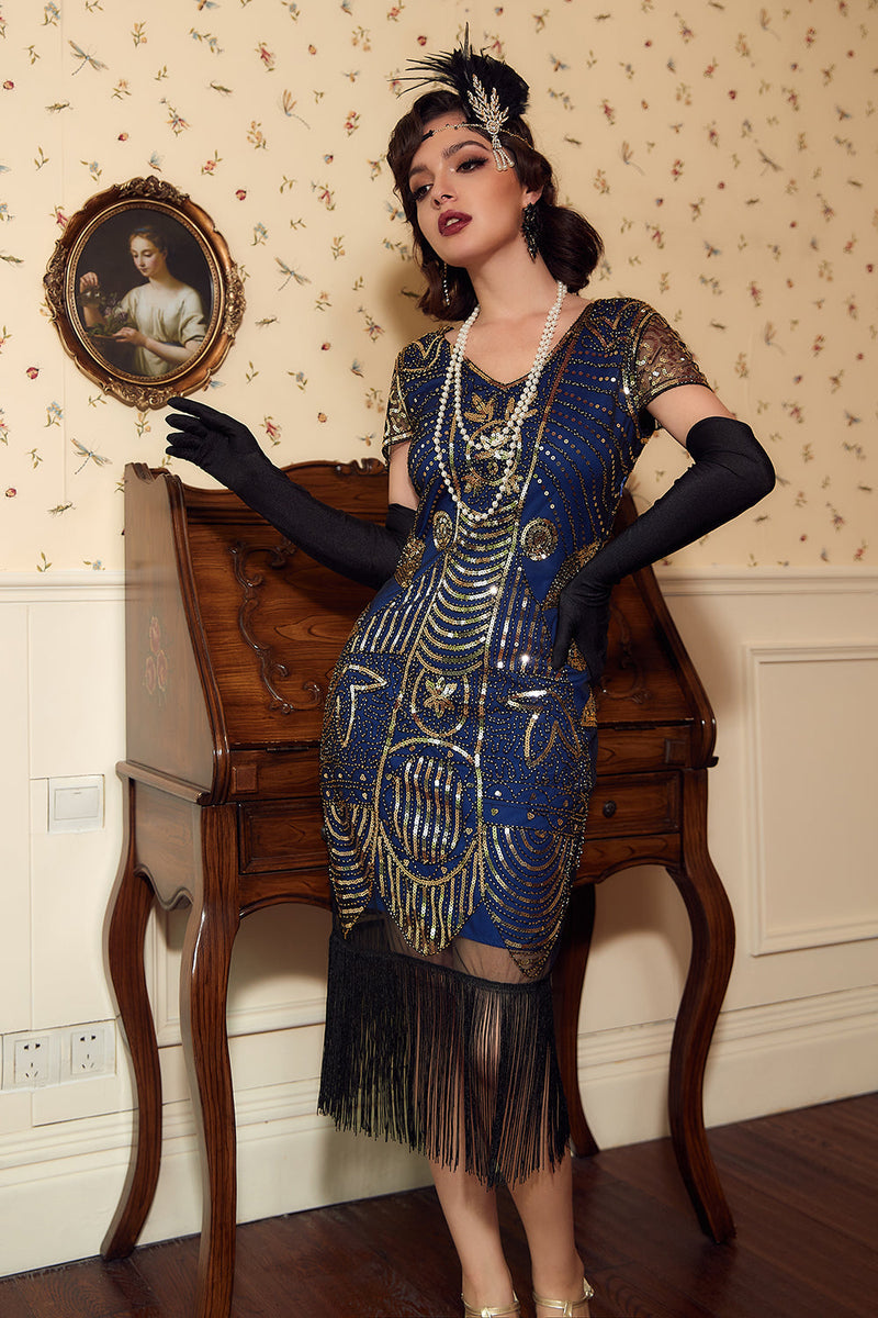 Laden Sie das Bild in den Galerie-Viewer, V-Ausschnitt Blaue Pailletten 1920 Kleid mit Quaste