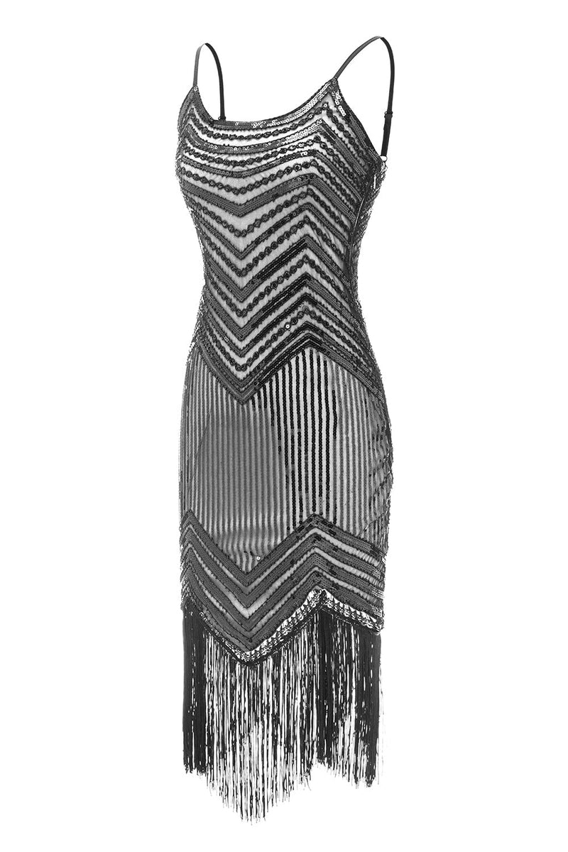 Laden Sie das Bild in den Galerie-Viewer, Bodycon Schwarz Silber Pailletten 1920er Jahre Kleid