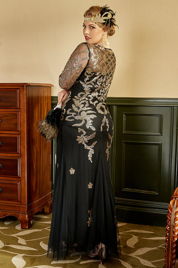 Schwarzes goldenes Plus Size 1920er Jahre Paillettenkleid