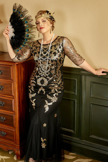 Schwarzes goldenes Plus Size 1920er Jahre Paillettenkleid