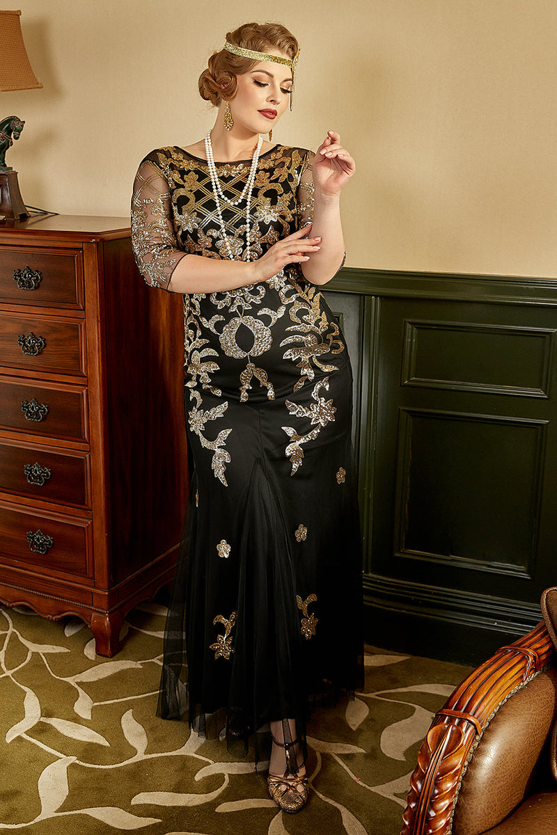 Laden Sie das Bild in den Galerie-Viewer, Schwarzes goldenes Plus Size 1920er Jahre Paillettenkleid