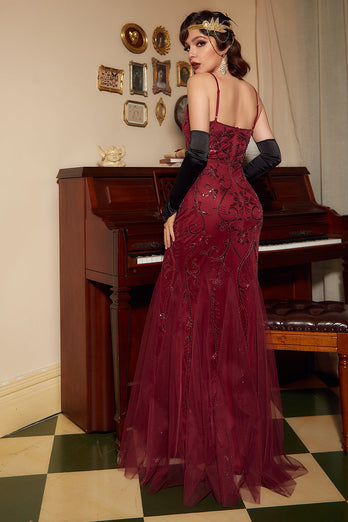 Rote Pailletten V-Ausschnitt Langes Kleid aus den 1920er Jahren