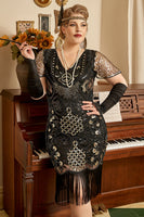 Laden Sie das Bild in den Galerie-Viewer, Schwarzes goldenes Perlenpailletten 1920er Jahre Plus Size Kleid