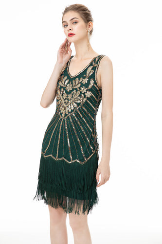 Grüne Pailletten Fransen Kleid aus den 1920er Jahren