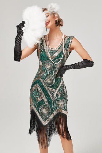 Dunkelgrünes Flapperkleid aus den 1920er Jahren mit Fransen