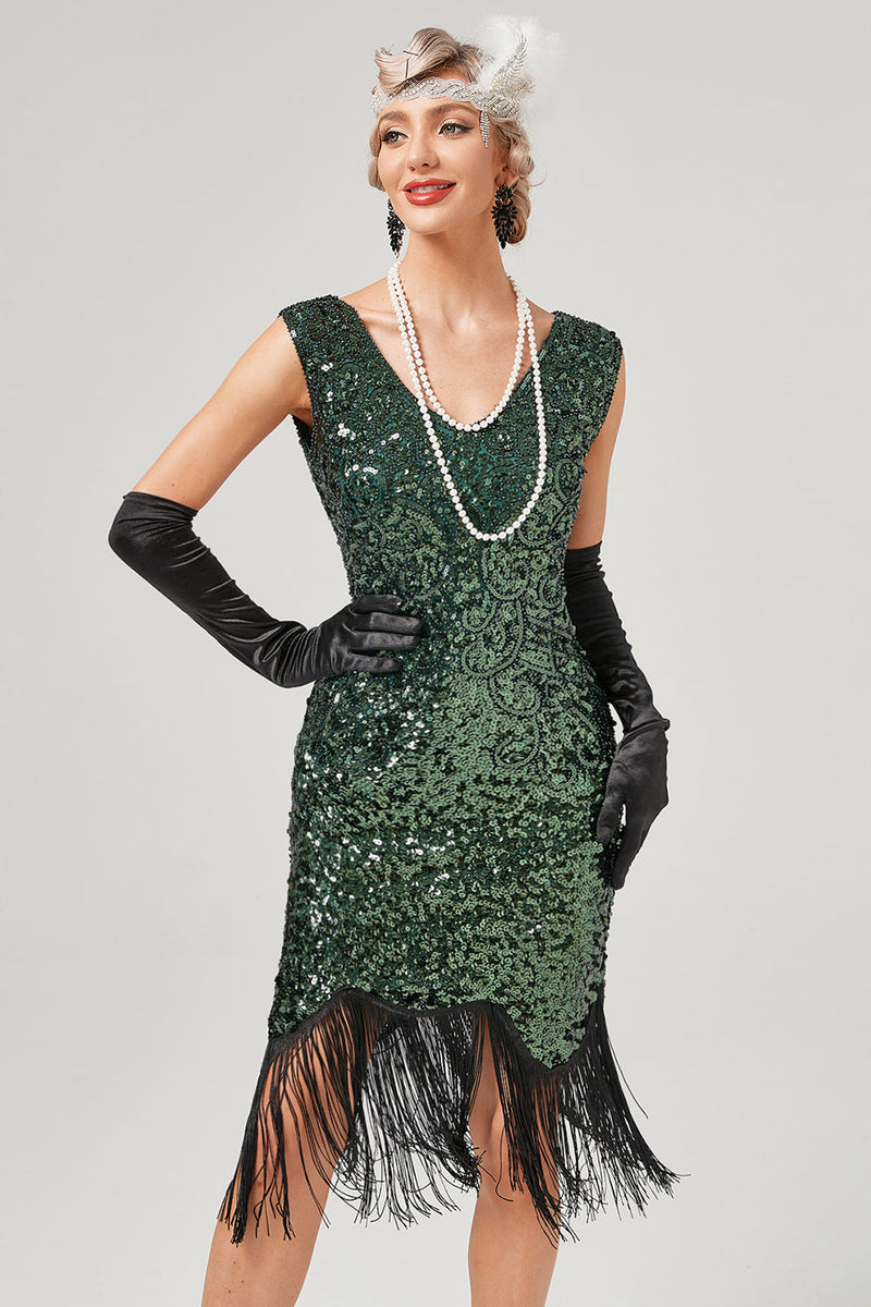 Laden Sie das Bild in den Galerie-Viewer, Dunkelgrünes Gatsby-Kleid mit V-Ausschnitt und Fransen