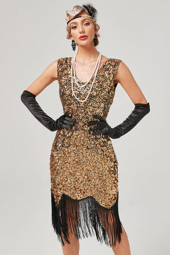 Dunkelgrünes Gatsby-Kleid mit V-Ausschnitt und Fransen