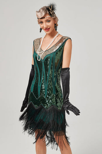 Schwarzes grünes V-Ausschnitt Flapperkleid mit Fransen