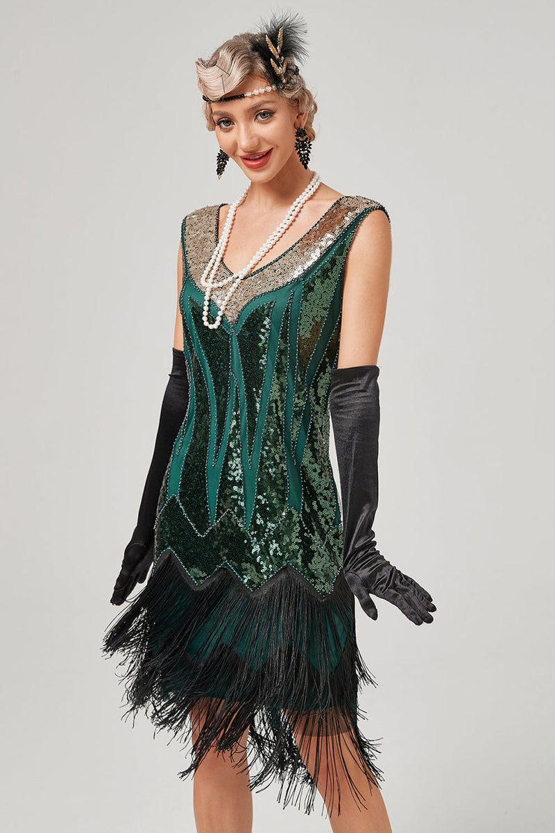 Laden Sie das Bild in den Galerie-Viewer, Schwarzes grünes V-Ausschnitt Flapperkleid mit Fransen