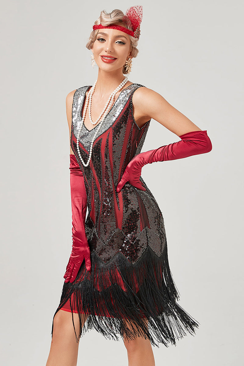 Laden Sie das Bild in den Galerie-Viewer, Schwarzes grünes V-Ausschnitt Flapperkleid mit Fransen