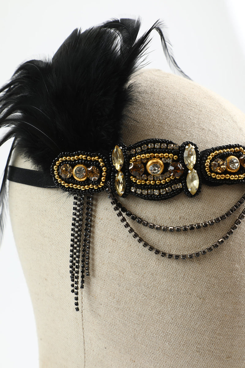 Laden Sie das Bild in den Galerie-Viewer, 1920er Jahre Flapper Schwarz Gold Fünfteiliges Zubehörset