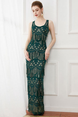 Dunkelgrünes Kleid mit Fransen aus den 1920er Jahren