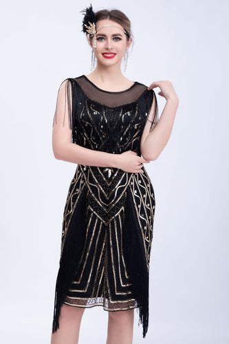 Schwarzes Glitzerpailletten-Flapper-Kleid mit Fransen