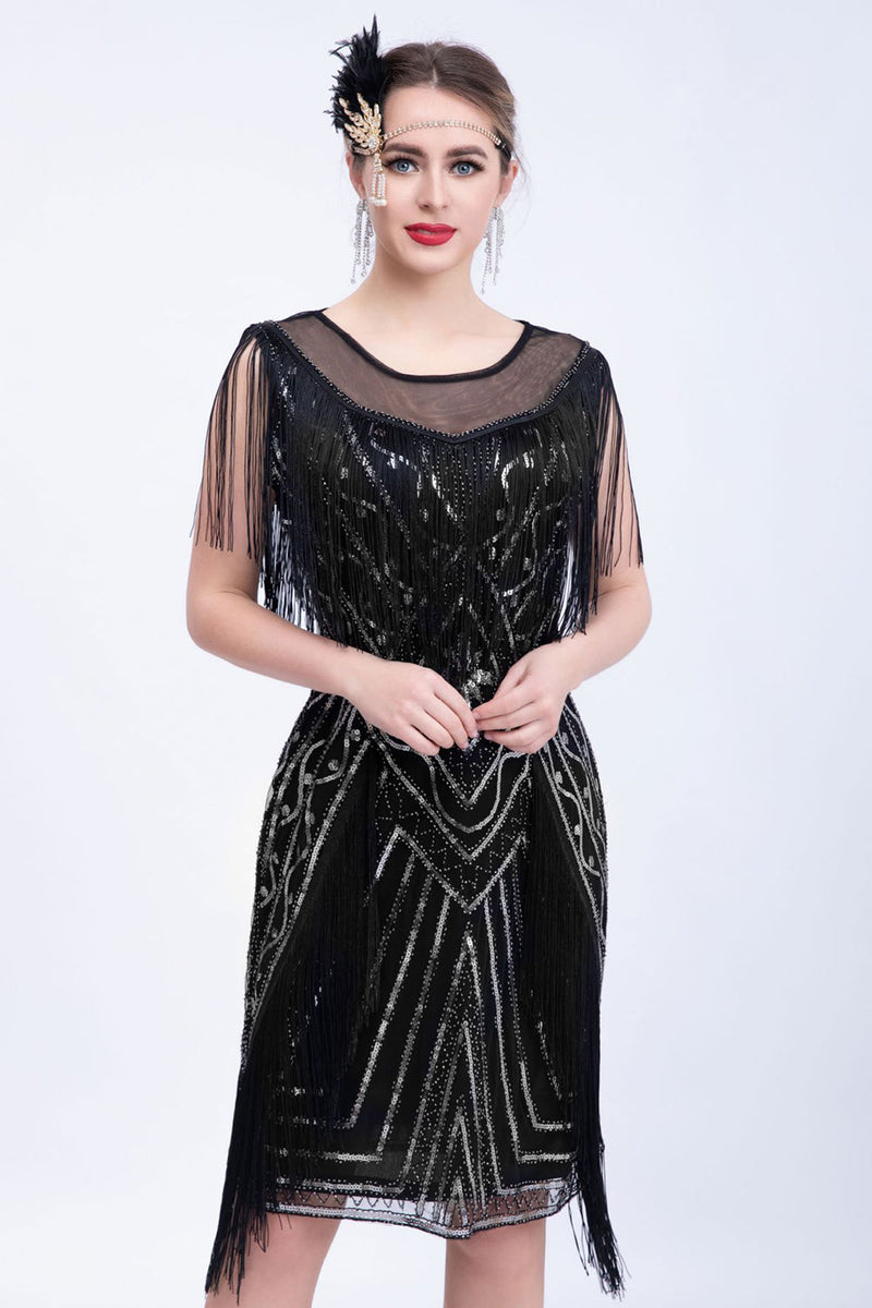 Laden Sie das Bild in den Galerie-Viewer, Schwarzes Glitzerpailletten-Flapper-Kleid mit Fransen