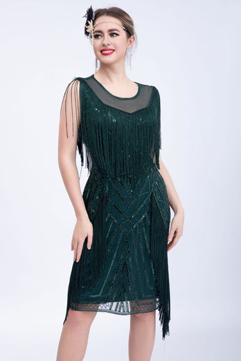 Schwarzes Glitzerpailletten-Flapper-Kleid mit Fransen