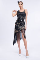 Laden Sie das Bild in den Galerie-Viewer, Schwarzes Roaring 20s Gatsby Fransed Flapper Kleid mit Perlen