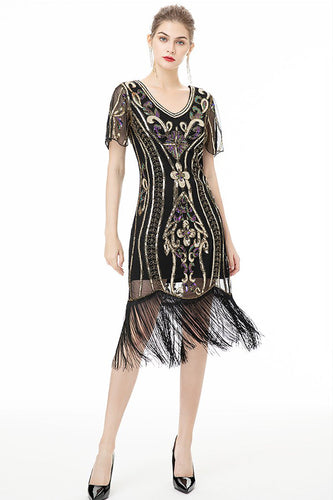 Glitzerndes Schwarzes 1920er Jahren Kleid mit Fransen und kurzen Ärmeln