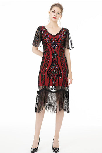 Glitzerndes Schwarzes 1920er Jahren Kleid mit Fransen und kurzen Ärmeln